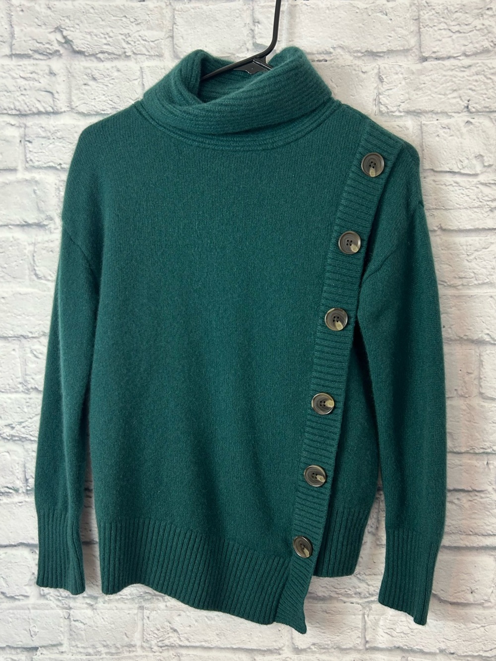Saks Fifth Avenue 100% Cashmere Sweater S Green Button Turtleneck Asymmetrical